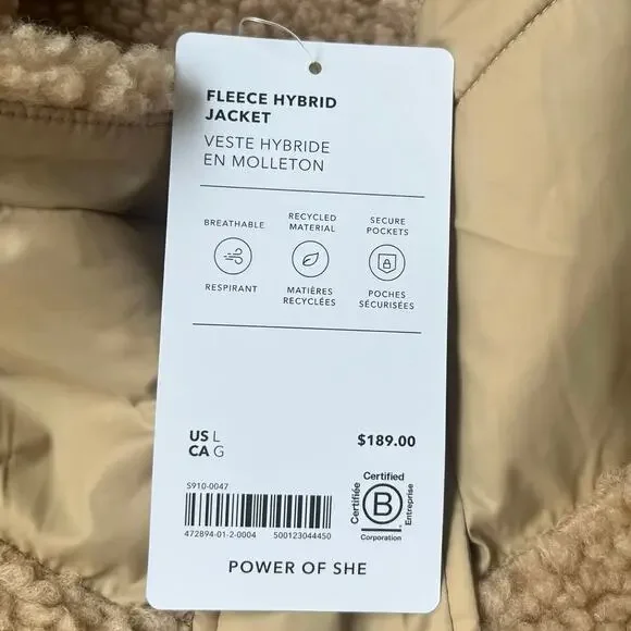 Athleta Fleece Hybrid Jacket Women's Large Tan Neutral Bomber Sherpa Quilted NEW - Picture 11 of 14